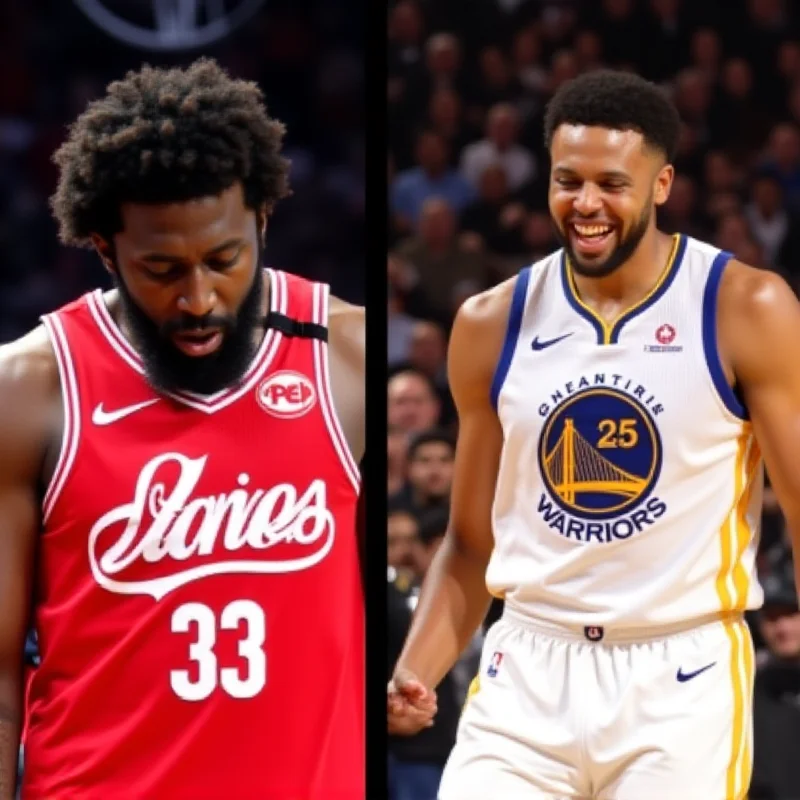 A split image. On the left, a sad looking Joel Embiid. On the right, a joyful Steph Curry after his dunk. The background is a blurred basketball court.