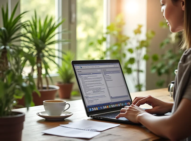 A person working on a laptop in a sunny, minimalist home office, with a cup of coffee nearby.