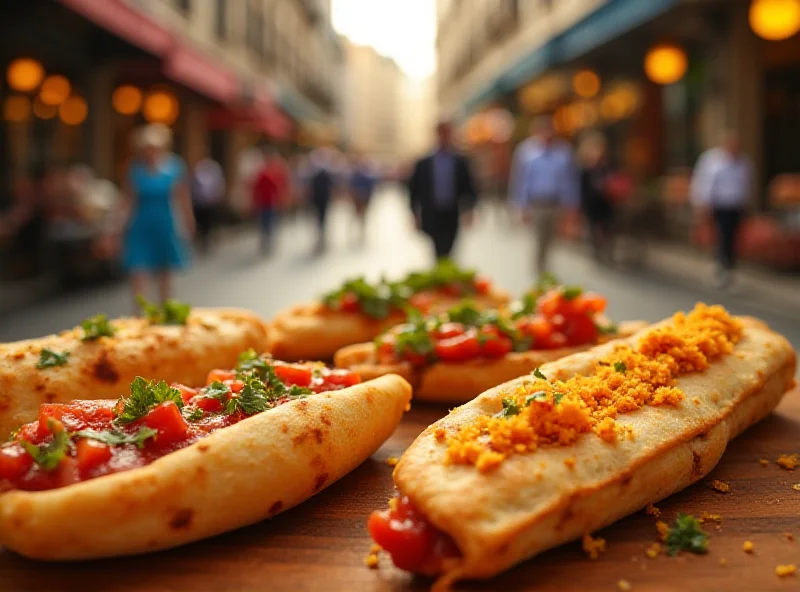 Close-up of various types of esfihas on a wooden table, showcasing different shapes, fillings, and toppings. In the background, a blurred view of a bustling São Paulo street.