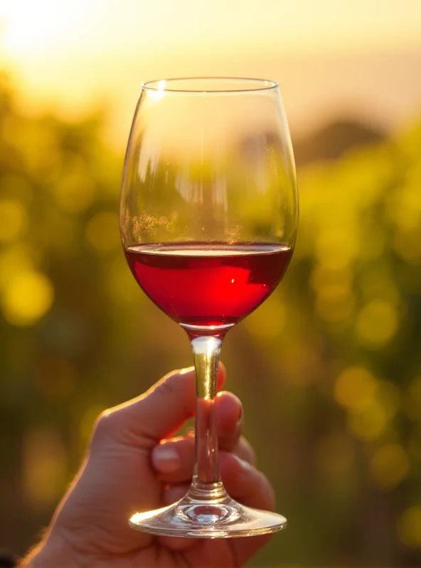 Close up of a glass of light red wine with a blurred background of a vineyard.