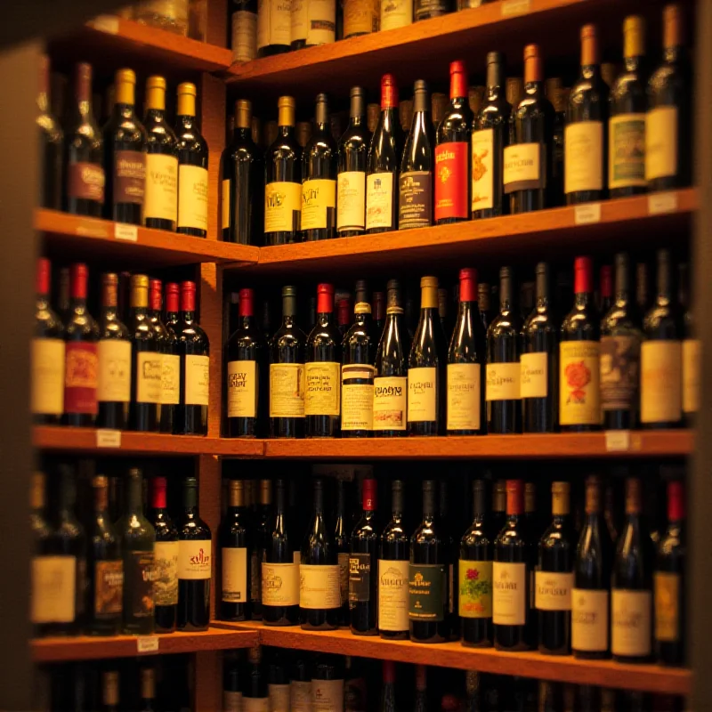 A diverse selection of wine bottles on a shelf in a wine shop, highlighting various labels and colors of wine.