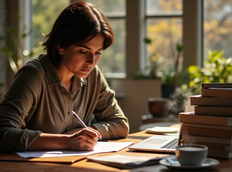 A person sitting at a desk, thoughtfully writing on a laptop, surrounded by books and a cup of coffee, bathed in warm light.