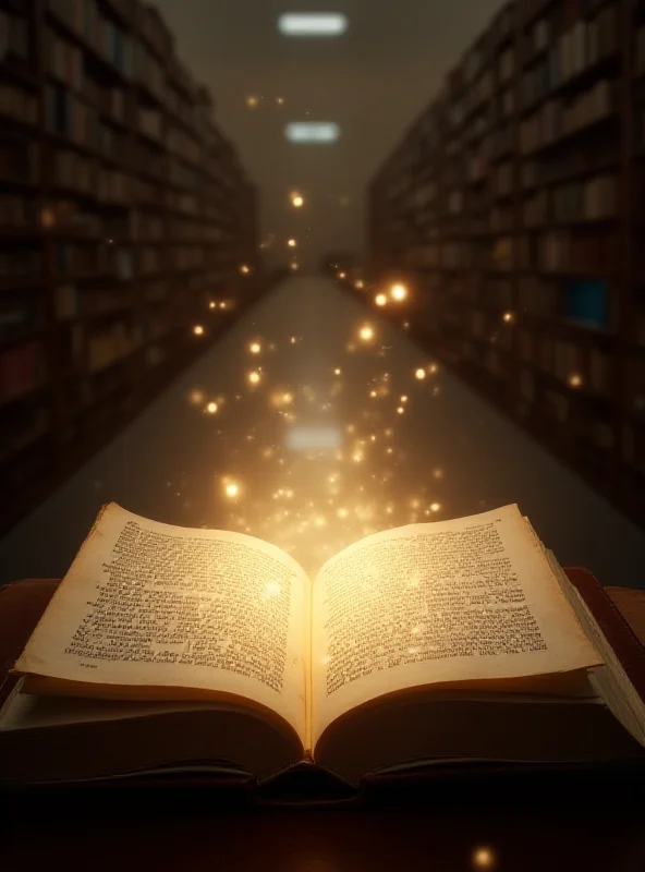 An open book with glowing text floating above it, symbolizing knowledge and understanding, surrounded by a blurred background of a library.