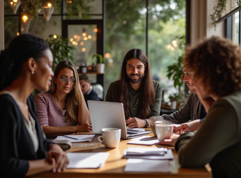 A group of diverse people discussing financial matters over coffee in a bright, modern cafe.