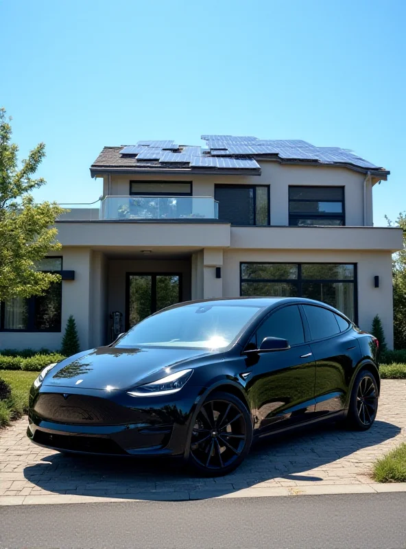 A sleek, black Tesla Model Y parked in front of a modern house with solar panels on the roof.