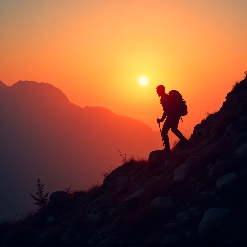 A person hiking up a steep mountain trail, silhouetted against a bright sunrise.