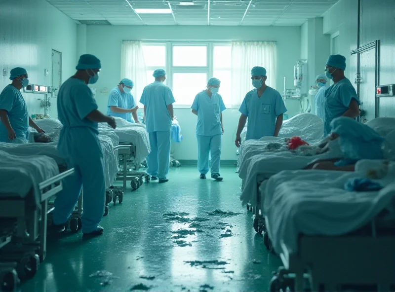 A chaotic emergency room scene with medical staff attending to patients amidst damaged equipment and a sense of urgency.