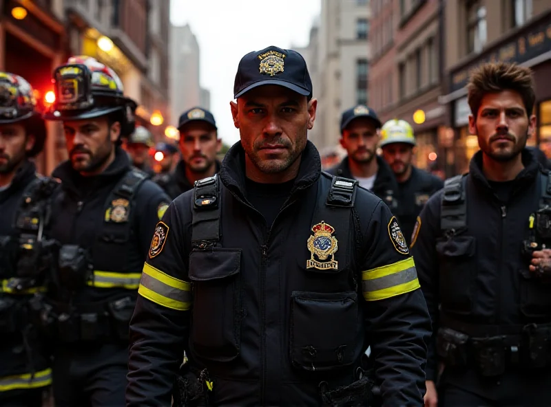 A diverse group of emergency responders - police, paramedics, and firefighters - working together at the scene of an incident in a bustling city street.