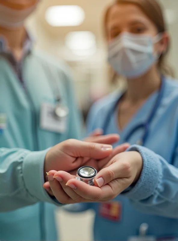 A close-up of a paramedic's hand, holding a stethoscope to a young child's chest. Soft focus and a sense of caring and urgency.