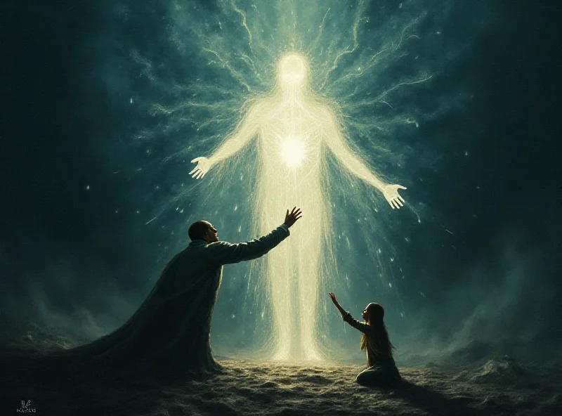 A glowing figure extending a hand towards a kneeling person in a dark setting, symbolizing empowerment and transformation.