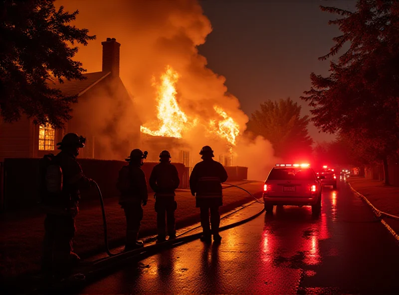 Firefighters battling a house fire in a suburban neighborhood, with smoke billowing from the building and emergency vehicles parked nearby.