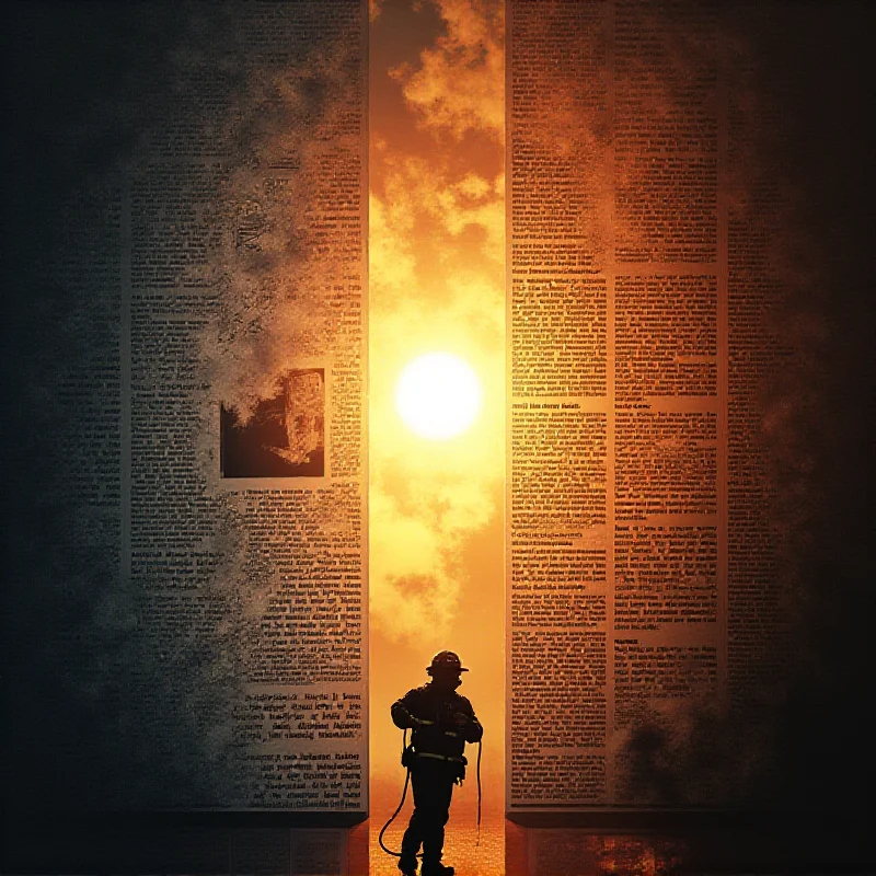 A collage of images representing the different topics: a shining light, a newspaper, and a firefighter.