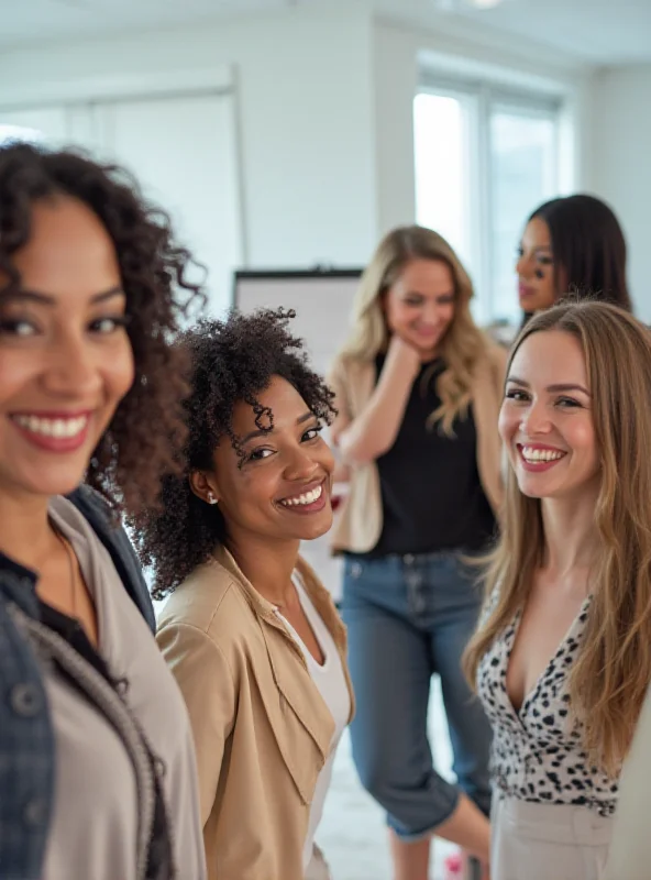 A diverse group of women in a professional setting, smiling and engaged in a meeting, representing female leadership and empowerment.