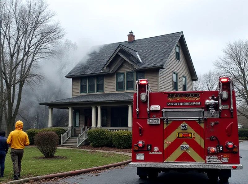 A fire truck parked in front of a house with visible smoke damage, representing a house fire emergency in Rockport.