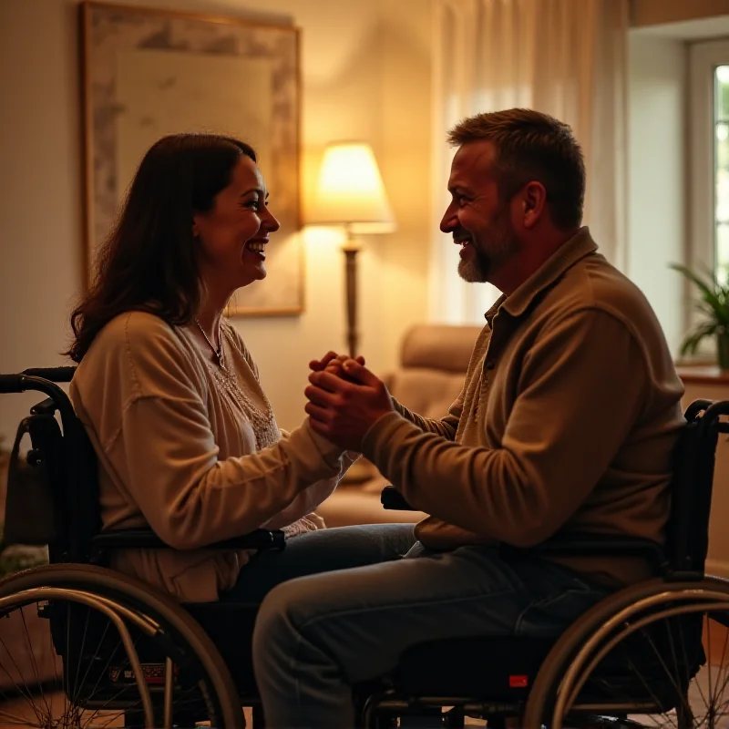 A person in a wheelchair holding hands with their partner, both smiling at each other in a loving and supportive way. The setting is a warm and inviting home.