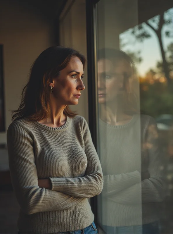 A woman looking thoughtfully out of a window, a faint reflection of a family photo visible in the glass.