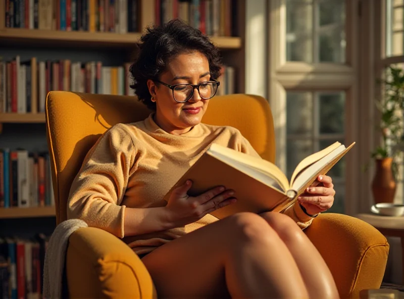 A woman sitting in a comfortable armchair, reading a book in a sunlit room.