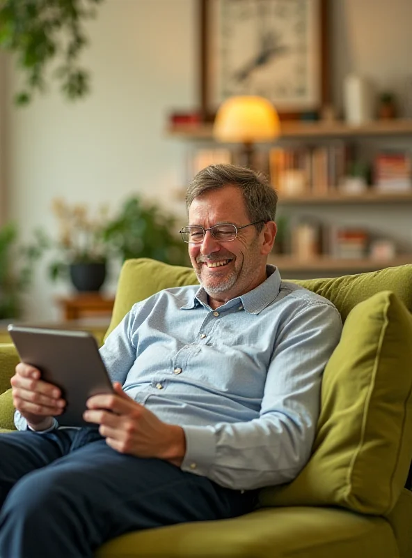 A person happily checking their pension statement on a tablet.