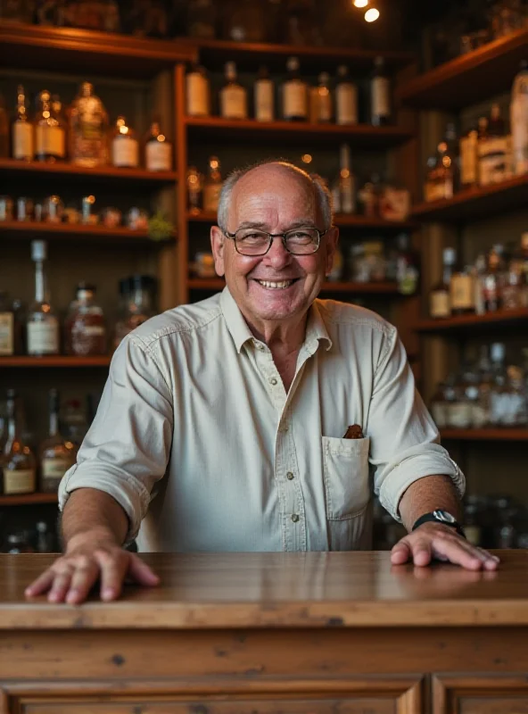 A merchant standing behind a counter in a traditional store, smiling warmly.