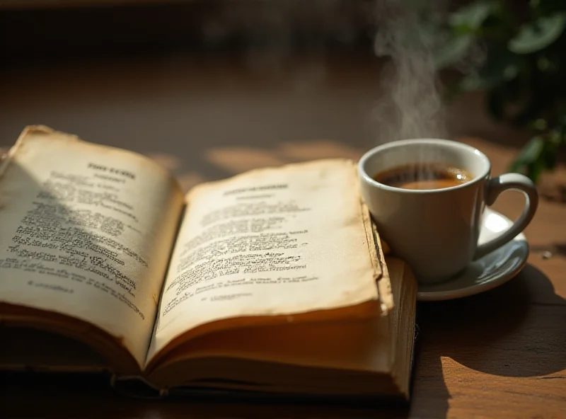 A vintage book of poetry open on a table, with a cup of coffee next to it.