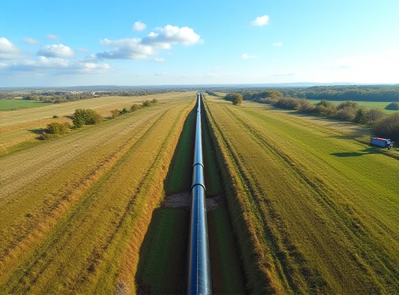 Aerial view of a natural gas pipeline stretching across a rural landscape.