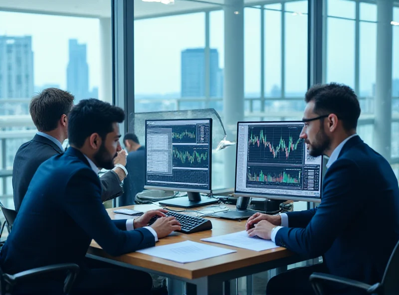 A diverse group of financial analysts reviewing stock market data on multiple computer screens in a modern office setting.