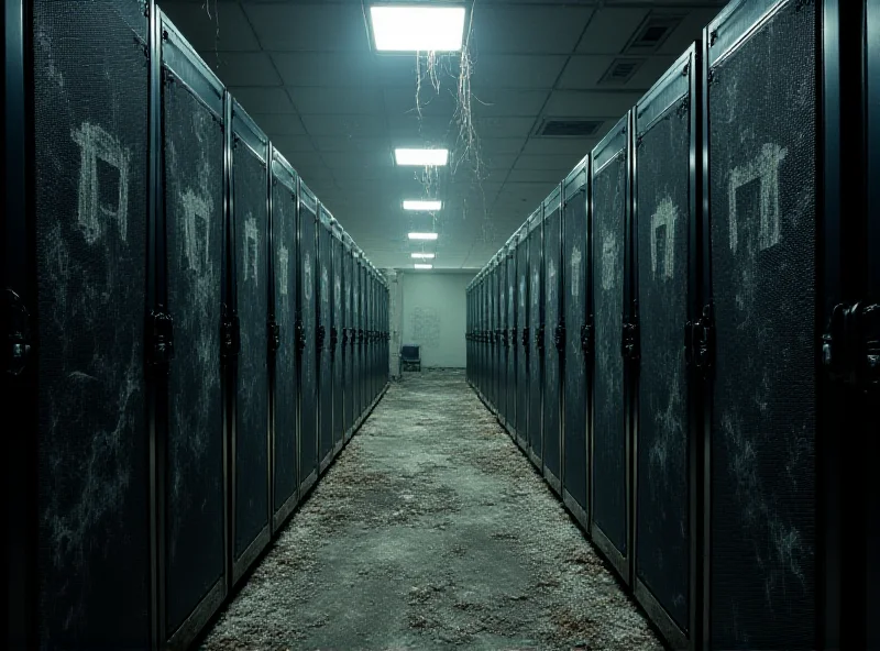 A desolate digital asset farm in Transnistria, with rows of inactive computer servers covered in dust and cobwebs. Dim lighting emphasizes the abandonment. The background shows a crumbling industrial building, symbolizing the end of the crypto dream.