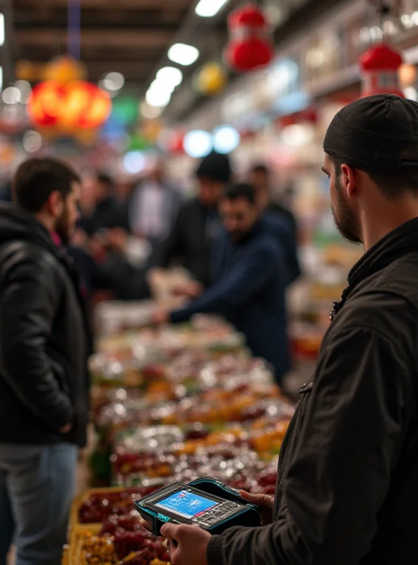 A busy market scene in Kazakhstan. In the foreground, a merchant uses a payment terminal displaying the logo of the Russian national payment system. Shoppers are browsing various goods, and the overall atmosphere is lively and bustling.