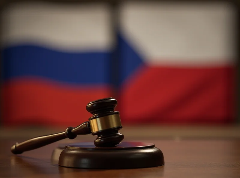 A gavel striking a sound block in a courtroom. In the blurred background, flags of Russia and the Czech Republic are visible, symbolizing the arbitration case between Gazprom and ČEZ. The lighting is professional and formal, emphasizing the seriousness of the legal proceedings.