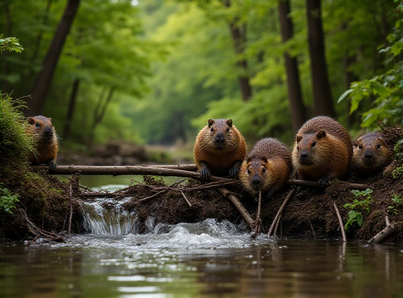 Beavers building a dam in a river.