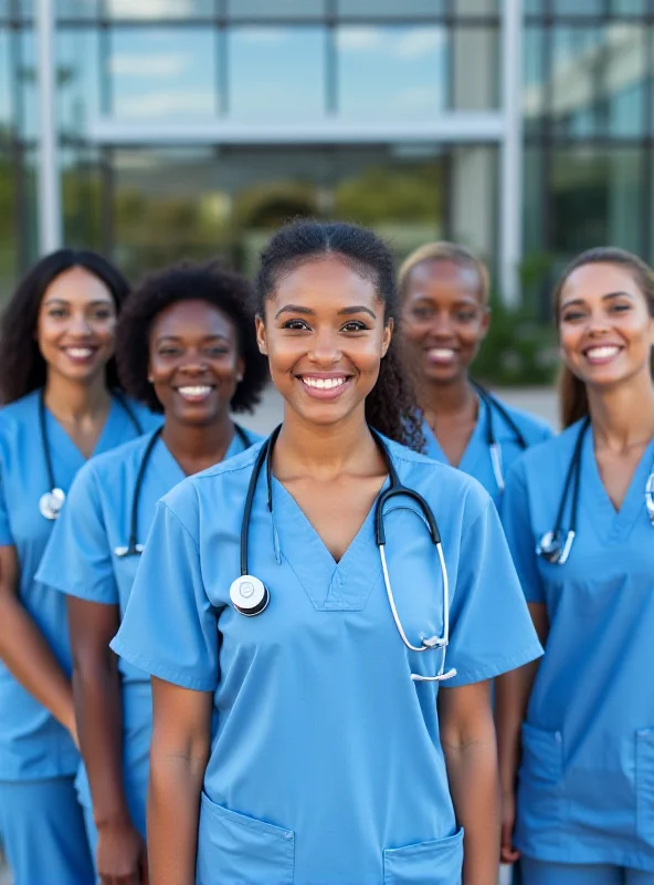 A group of nurses standing outside a hospital.