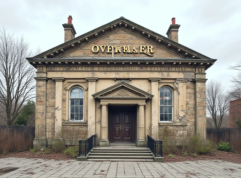 A worried looking town hall building with a large crack running down the side, symbolizing financial strain.