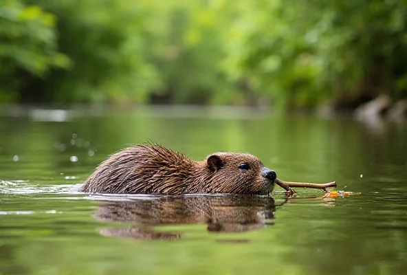 A beaver swimming in a river, carrying a small branch in its mouth. The water is clear and reflects the surrounding trees.