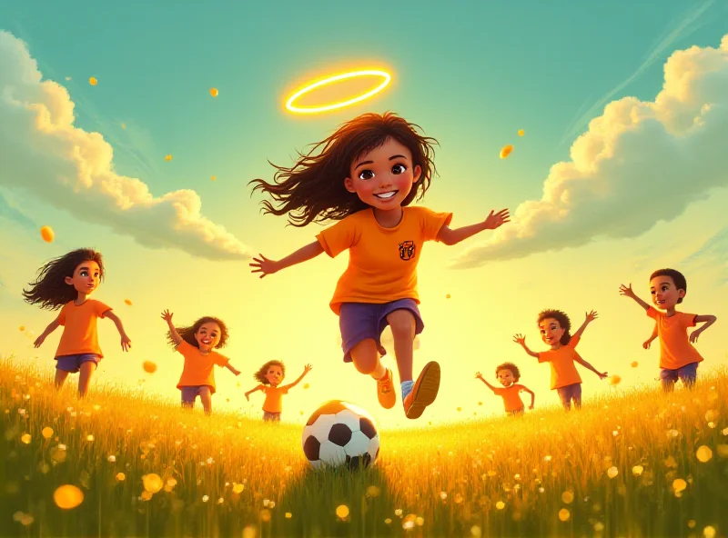 Illustration of a young girl playing football, with a halo above her head, in a bright sunny field with other children