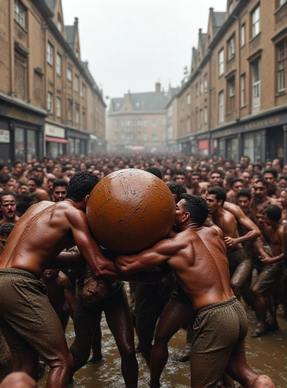 A chaotic scene from the Atherstone Ball Game, with dozens of people wrestling for a large leather ball in a crowded street lined with historic buildings.