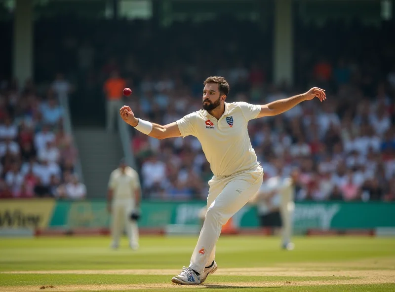 A cricket bowler in mid-action, delivering a fast ball with determination, against a backdrop of a packed stadium.