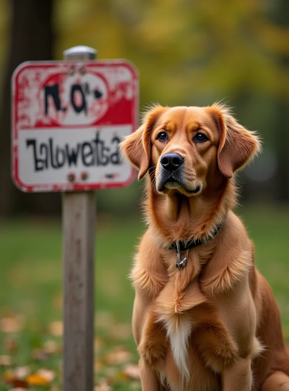 Image of a dog looking sadly at a no dogs allowed sign.