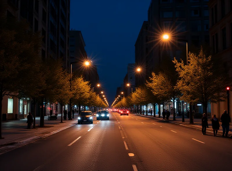 Night scene of a brightly lit street in a city.