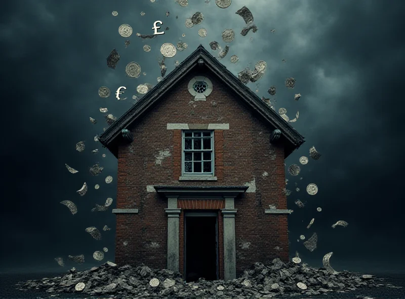 Conceptual image of a town hall crumbling under financial pressure, with pound symbols falling around it.