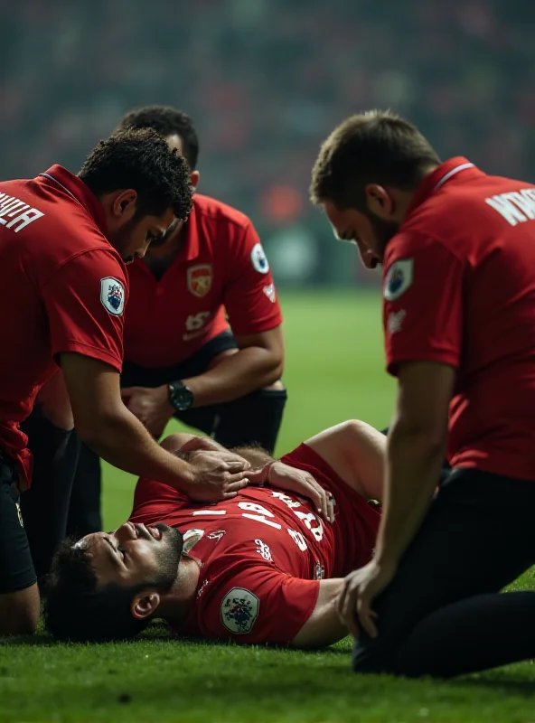 A soccer player lying on the ground receiving medical attention after a foul, with concerned teammates around him.