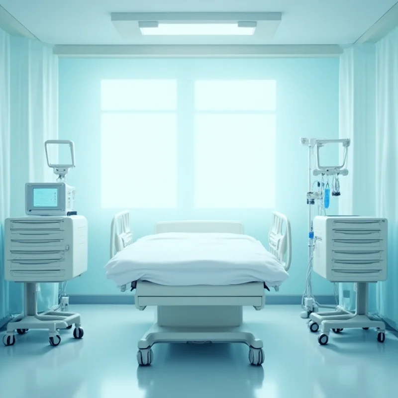 A hospital room with medical equipment and a bed, suggesting a patient is recovering.