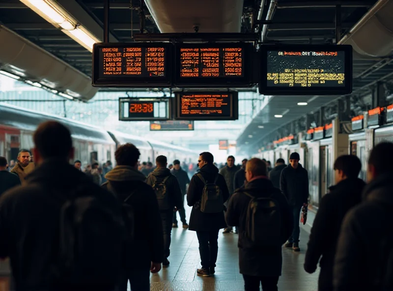 A crowded train station platform with people waiting for trains, with digital displays showing arrival and departure times.