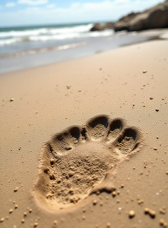 Close-up photograph of a large dinosaur footprint in sandstone on a beach, with the ocean visible in the background.