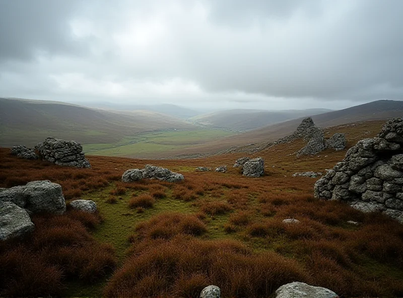 A panoramic view of Dartmoor National Park in England, with rolling hills, rocky tors, and a dramatic sky.