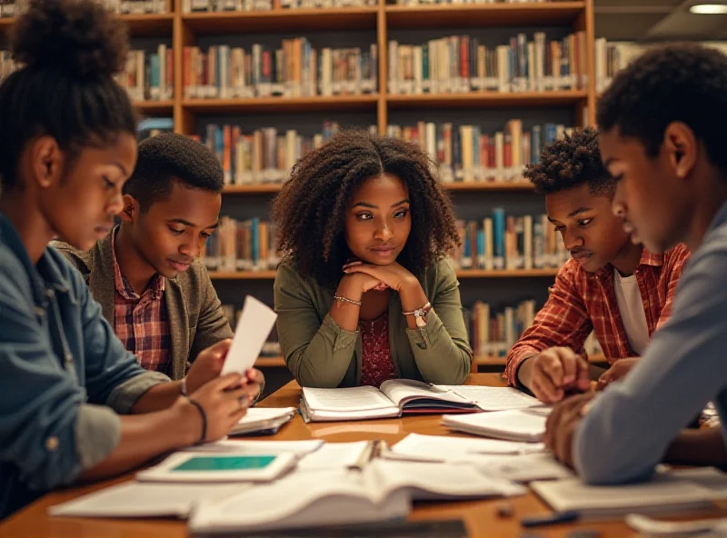 A group of diverse young students studying intensely in a library setting, surrounded by books and laptops. Some are looking stressed, while others are focused.