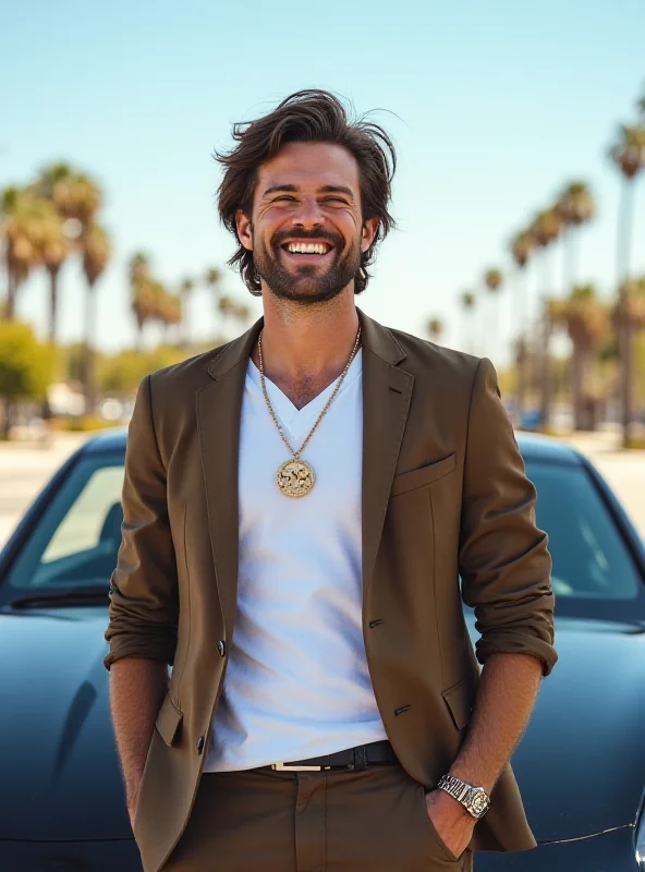 David Dobrik smiling and posing in front of a luxury car. He is wearing designer clothing and has a confident expression.