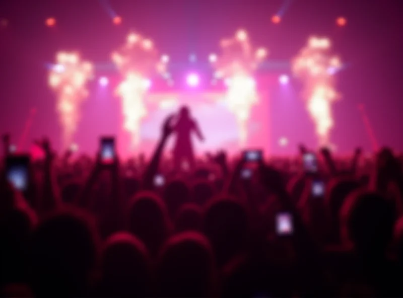 A concert crowd with a blurred image of Blackpink performing on stage.