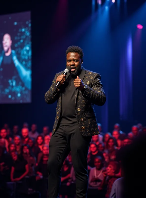 Kevin Hart performing stand-up comedy on a stage, under bright spotlights.
