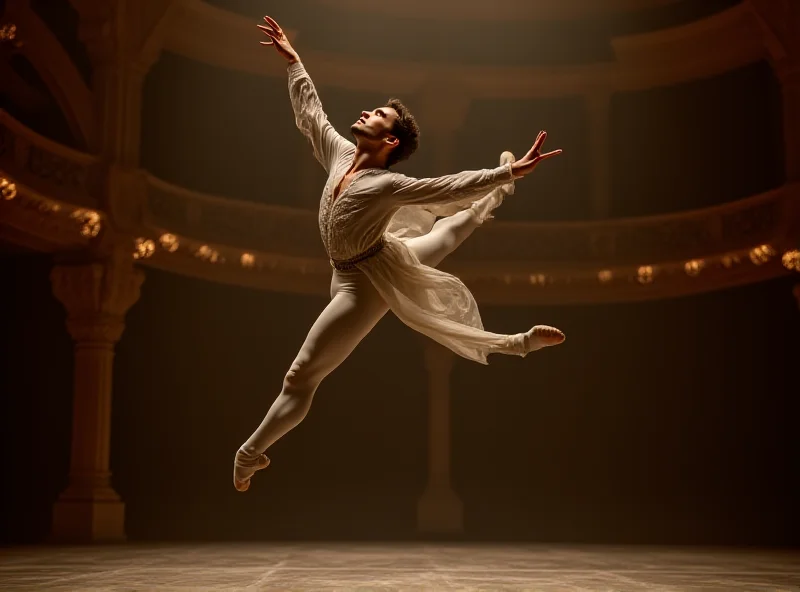 Mathieu Ganio performing ballet on stage at the Palais Garnier, bathed in warm stage lighting. He is leaping gracefully, with a focused expression. The backdrop is a grand, ornate theater setting.