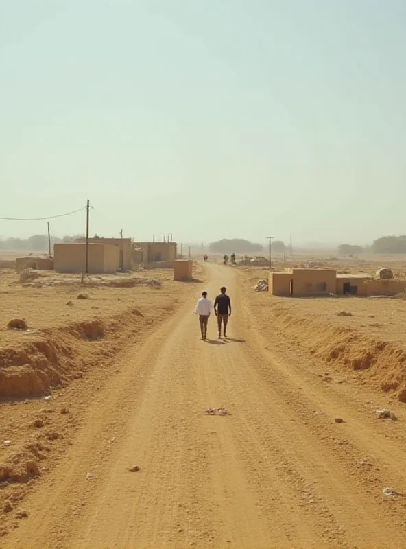 A still from the documentary 'No Other Land', showing a landscape with homes and structures in the background. The scene is bathed in sunlight, but conveys a sense of hardship and resilience. People are visible in the distance.